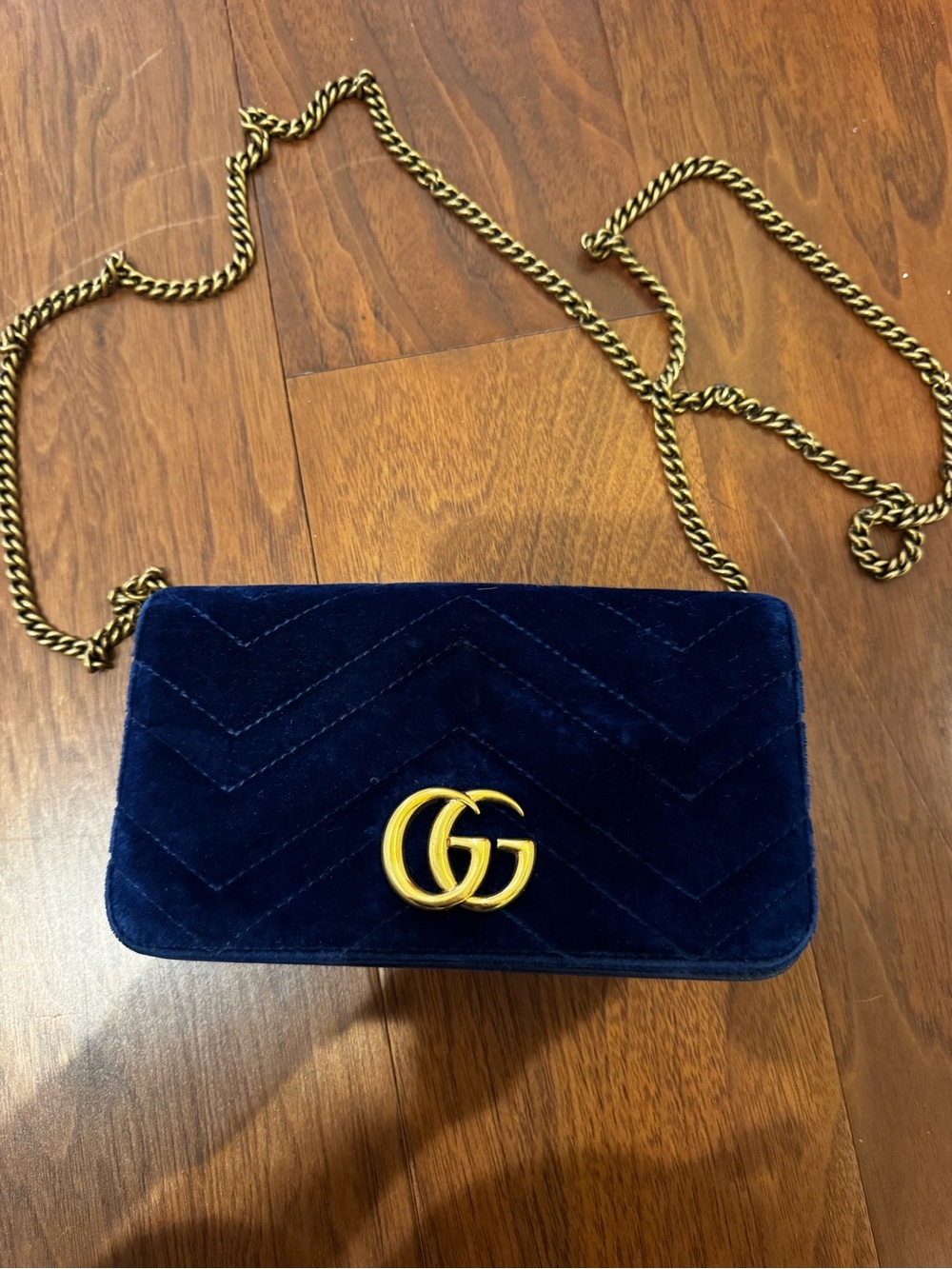 Gucci Navy Velvet Marmont Small Shoulder Bag with Gold Chain
